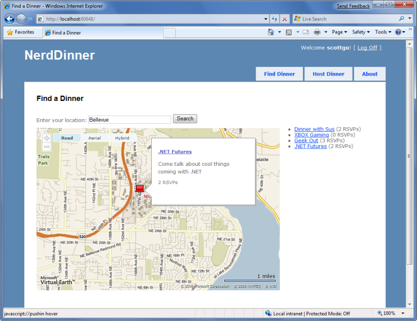 Zrzut ekranu przedstawiający stronę główną Nerd Dinner z wyświetloną mapą.