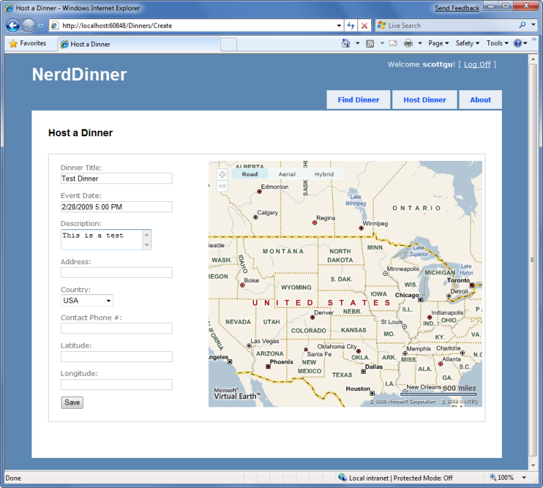 Zrzut ekranu przedstawiający stronę Host Dinner (Kolacja hosta) z wyświetloną domyślną mapą.