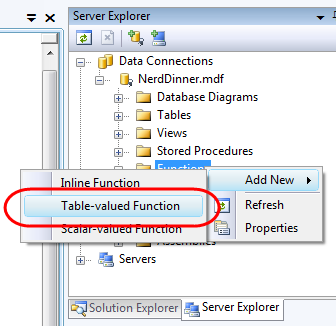 Zrzut ekranu przedstawiający serwer S Q L. funkcja Table-Valued jest wyróżniona.