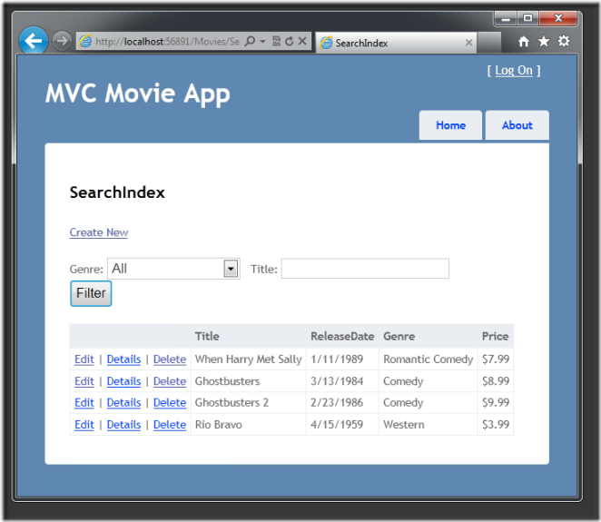 Zrzut ekranu przedstawiający stronę Indeks wyszukiwania w aplikacji filmowej M V C. Na stronie zostanie wyświetlona lista czterech filmów.