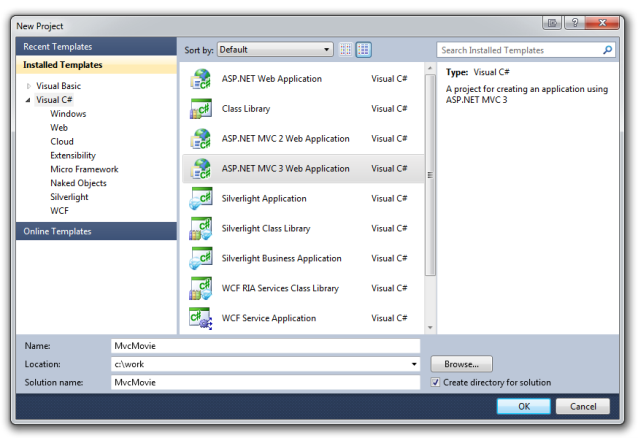 Zrzut ekranu przedstawiający nowy projekt, aby utworzyć pierwszą aplikację przy użyciu języka Visual Basic lub Visual C Sharp jako języka programowania.