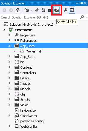Zrzut ekranu przedstawiający okno Eksplorator rozwiązań. Ikona Pokaż wszystkie pliki jest zakreślina na czerwono, a folder Dane aplikacji jest zaznaczony.
