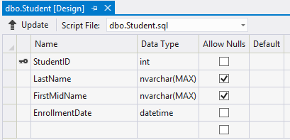 Zrzut ekranu przedstawiający tabelę Student w Eksploratorze serwera. Wiersz First Name (Imię) na poprzednim zrzucie ekranu został zmieniony tak, aby był odczytywany jako Imię i nazwisko.