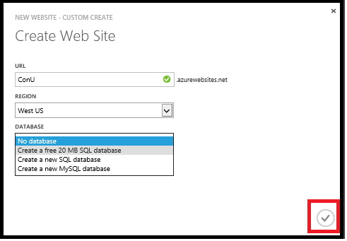 Zrzut ekranu przedstawiający okno dialogowe Tworzenie witryny sieci Web. Z listy rozwijanej bazy danych wybierz bezpłatną bazę danych 20 M B S Q L. Przycisk znacznika wyboru jest wyróżniony.