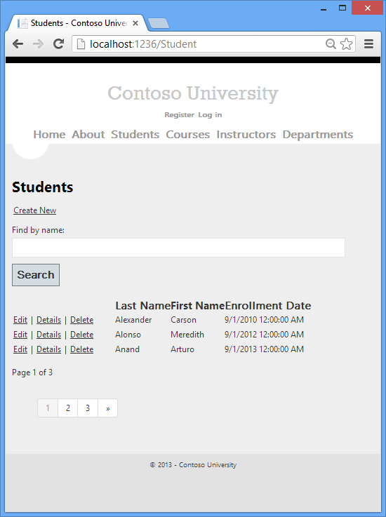Zrzut ekranu przedstawiający stronę Indeks uczniów z linkami stronicowania.