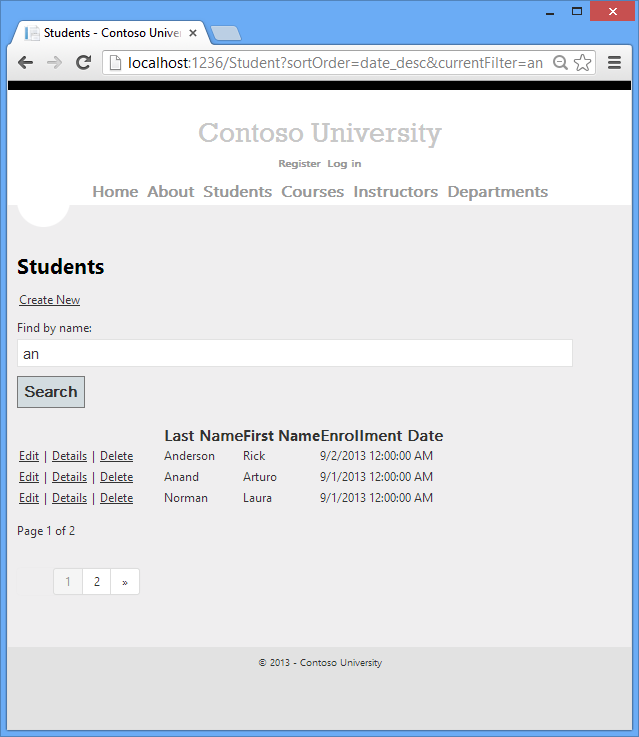 Zrzut ekranu przedstawiający stronę Indeks uczniów. Wyraz an jest wprowadzany na pasku wyszukiwania Znajdź według nazw.