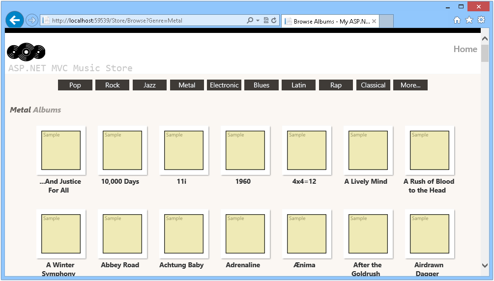 Zrzut ekranu przedstawia widok, w którym można przeglądać albumy z bazy danych.