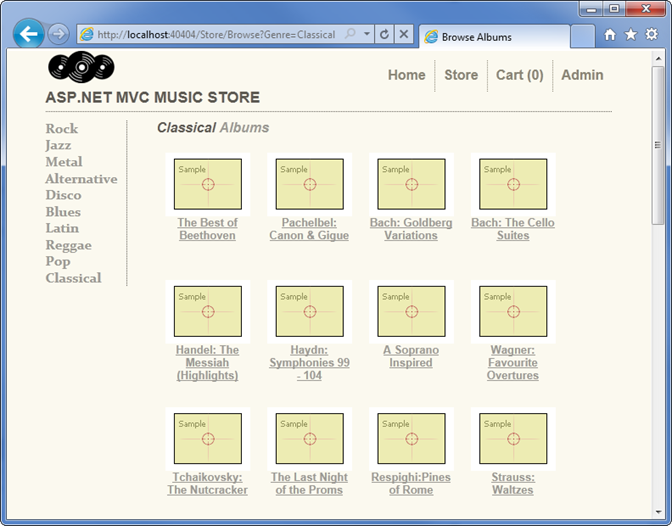 Zrzut ekranu sklepu muzycznego przedstawiający widok siatki albumów w jednym gatunku oraz widok listy częściowej, który został utworzony po lewej stronie okna, aby pokazać wszystkie gatunki.