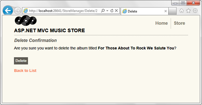 Zrzut ekranu przedstawiający formularz Potwierdzenia usuwania z monitem użytkownika o potwierdzenie usunięcia wybranego albumu.