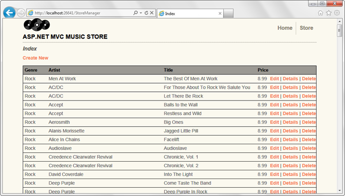 Zrzut ekranu przedstawiający indeks Menedżera sklepu przedstawiający listę albumów w sklepie z linkami do pozycji Edytuj, Szczegóły i Usuń.