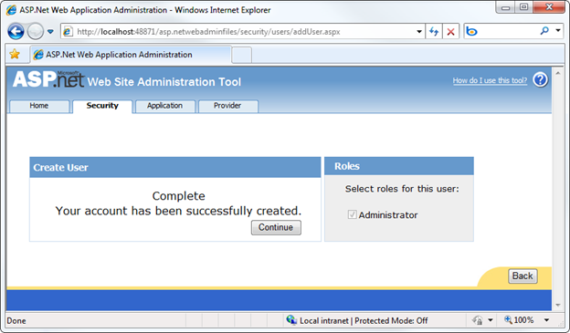 Zrzut ekranu przedstawiający witrynę internetową konfiguracji z komunikatem o pomyślnym ukończeniu tworzenia konta użytkownika.