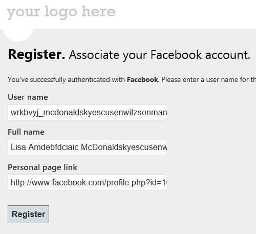 Zrzut ekranu przedstawiający miejsce, w którym można wprowadzić nazwę użytkownika i inne informacje po skojarzeniu konta Facebook z aplikacją.