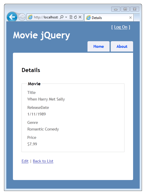 Zrzut ekranu przedstawiający okno Movie jQuery z widokiem Szczegóły z ustawionymi wartościami dla wybranego filmu na liście.