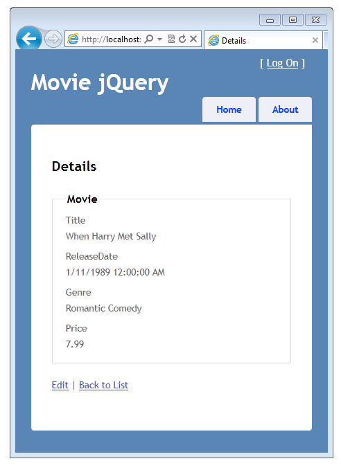 Zrzut ekranu przedstawiający okno Movie jQuery z widokiem Szczegóły z ustawionymi wartościami filmu wyświetlanymi po wprowadzeniu zmian w pliku Movie dot cs.