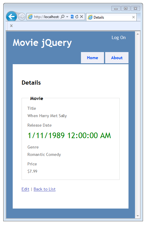 Zrzut ekranu przedstawiający okno Movie jQuery z widokiem Szczegóły z tekstem pola Data wydania zmieniono na większy rozmiar i kolor zielony.