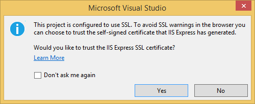 Zrzut ekranu przedstawiający okno dialogowe programu Visual Studio z monitem użytkownika o wybranie, czy ufać certyfikatowi I S Express S S S L.