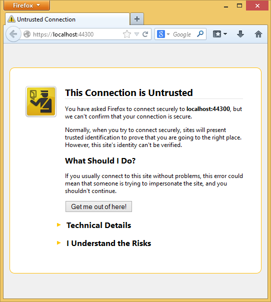 Zrzut ekranu przedstawiający aplikację My A S P dot NET uruchomioną w przeglądarce Firefox. Na stronie ostrzeżenia o niezaufanym połączeniu zostanie wyświetlona prośba użytkownika o zaakceptowanie aplikacji i kontynuowanie.