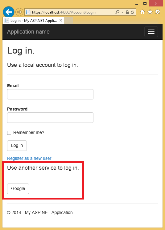 Zrzut ekranu przedstawiający stronę My A S P dot NET Log na stronie. Wyróżniono przycisk Użyj innej usługi do logowania się w oknie dialogowym i przycisk Google.