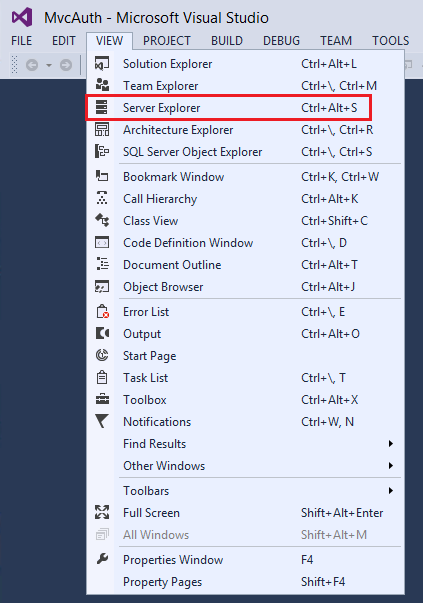 Zrzut ekranu przedstawiający menu rozwijane WIDOK programu Visual Studio, w którym wyróżniono Eksploratora serwera.