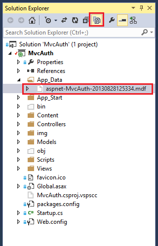 Zrzut ekranu przedstawiający stronę Eksplorator rozwiązań. Wyróżniono ikonę Pokaż wszystkie pliki i bazę danych członkostwa M v c Auth.