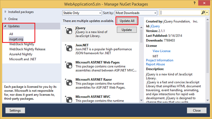 Zrzut ekranu przedstawiający okno dialogowe Zarządzanie pakietami Nu GET. Pasek Aktualizacje i przycisk Aktualizuj wszystko są wyróżnione.
