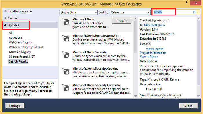 Zrzut ekranu przedstawiający okno dialogowe Zarządzanie pakietami Nu GET. Pasek Aktualizacje i pasek wyszukiwania z wprowadzoną własną zawartością są wyróżnione.