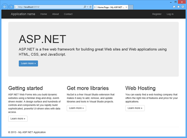 Zrzut ekranu przedstawiający stronę główną aplikacji szablonu Web Forms.