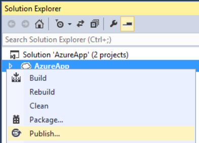 Zrzut ekranu przedstawiający opcje menu okna eksploratora rozwiązań, które wyróżnia kroki do wykonania w celu wdrożenia lub opublikowania projektu.