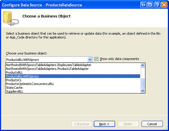 Konfigurowanie obiektu ObjectDataSource do używania klasy ProductsBLLWithSprocs