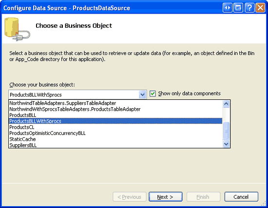 Konfigurowanie obiektu ObjectDataSource do używania klasy ProductsBLLWithSprocs