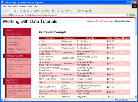 Obiekt GridView wyświetla informacje o nazwie produktu, kategorii, dostawcy, cenie i wycofaniu