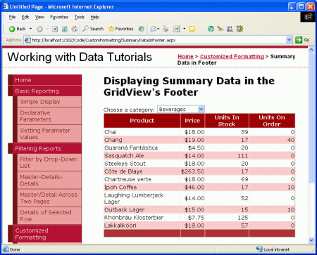Zrzut ekranu przedstawiający dane podsumowania w wierszu stopki kontrolki GridView sformatowanym nowym kolorem tła.