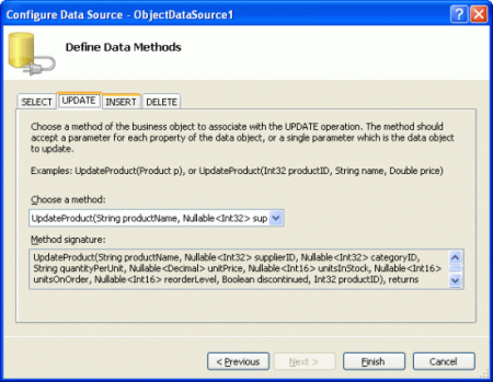 Mapuj metodę Update() objectDataSource na metodę UpdateProduct klasy ProductBLL