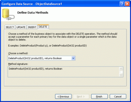 Mapuj metodę Delete() objectDataSource na metodę DeleteProduct klasy ProductBLL