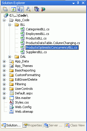 Dodawanie klasy ProductsOptimisticConcurrencyBLL do folderu BLL