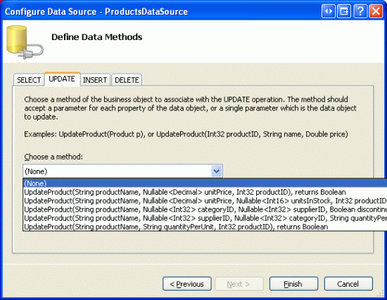 Ustaw listy rozwijane na kartach UPDATE, INSERT i DELETE na wartość (Brak)