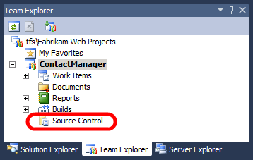 W programie Visual Studio 2010 w oknie Team Explorer rozwiń projekt zespołu, a następnie kliknij dwukrotnie pozycję Kontrola źródła.