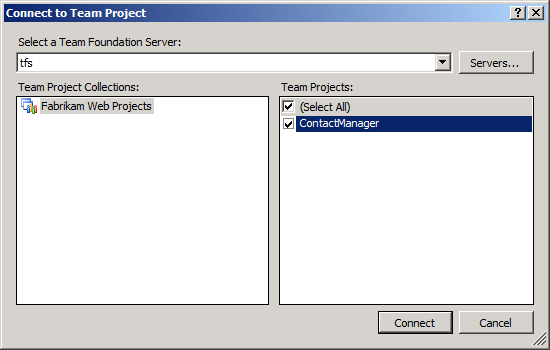 W oknie dialogowym Łączenie z projektem zespołowym wybierz wystąpienie serwera TFS, z którym chcesz nawiązać połączenie, wybierz kolekcję projektów zespołowych, wybierz projekt zespołowy, do którego chcesz dodać, a następnie kliknij przycisk Połącz.