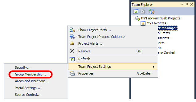 W programie Visual Studio 2010 w oknie Team Explorer kliknij prawym przyciskiem myszy projekt zespołowy, wskaż pozycję Ustawienia projektu zespołowego, a następnie kliknij pozycję Członkostwo w grupie.
