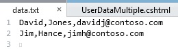 Zrzut ekranu przedstawiający plik data dot t x t pokazujący dane wprowadzone w polach przeglądarki internetowej został zarejestrowany bez zastępowania poprzednich danych.