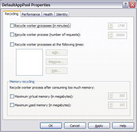 Zrzut ekranu przedstawiający ekran Właściwości domyślnej puli aplikacji usług IIS systemu Windows z niezaznaczoną opcją Odtwarzanie procesów roboczych (w minutach).