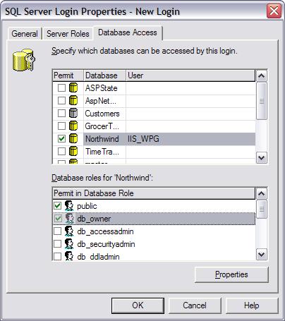Zrzut ekranu przedstawiający ekran Właściwości logowania SQL Server Menedżera przedsiębiorstwa systemu Windows Server. Wybrana jest karta Dostęp do bazy danych.