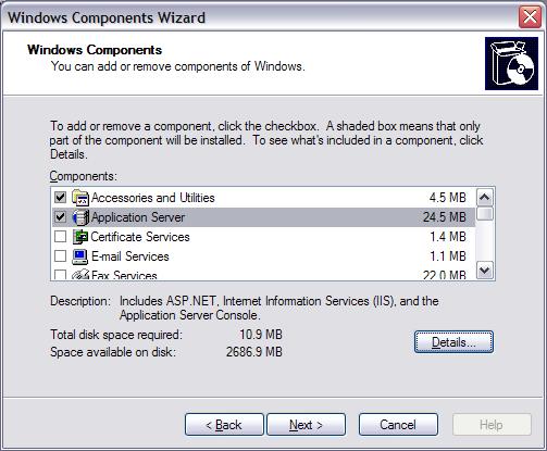 Zrzut ekranu przedstawiający okno kreatora składników systemu Windows. ASP.NET jest wyróżniona.
