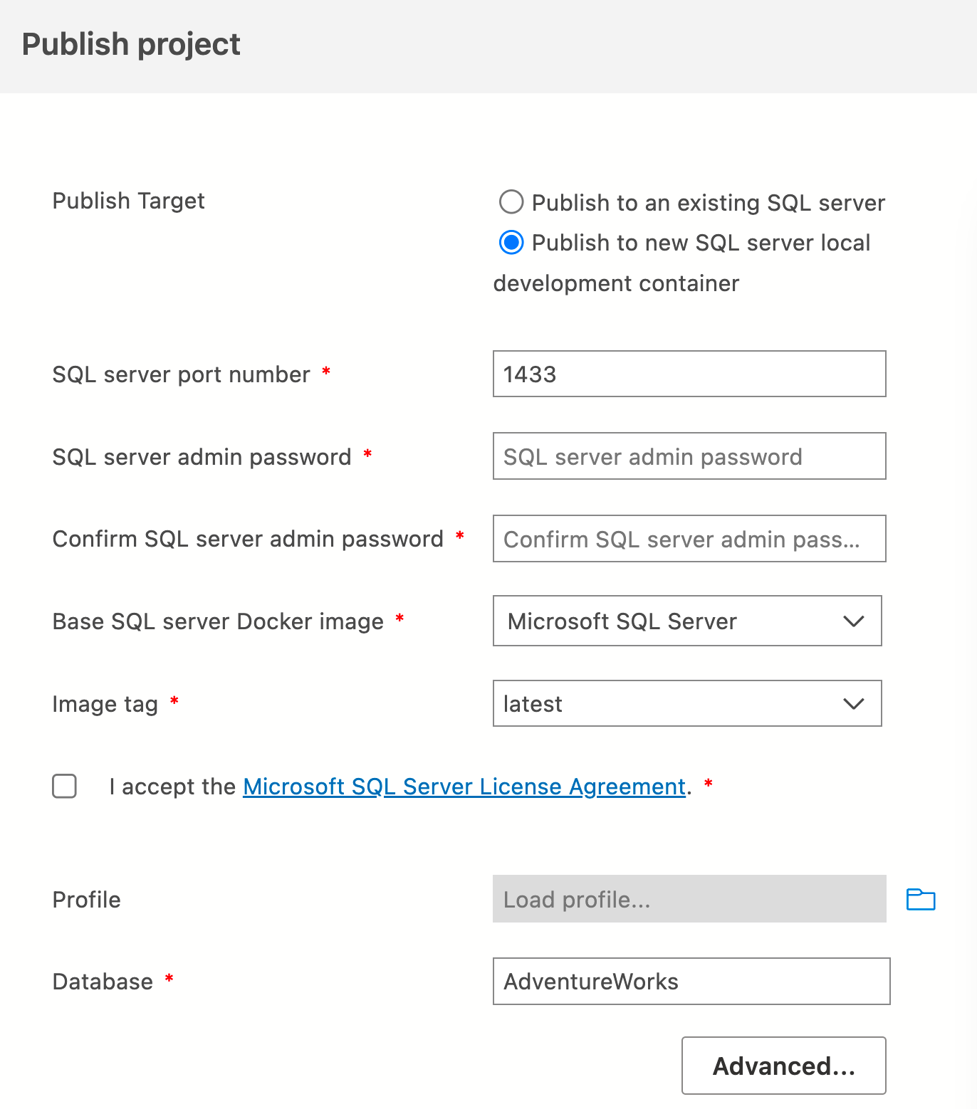 Zrzut ekranu przedstawiający okno dialogowe publikowania w kontenerze w narzędziu Azure Data Studio.