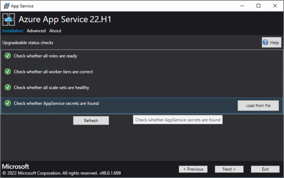 Zrzut ekranu przedstawiający Azure App Service w czeku stanu przed uaktualnieniem usługi Azure Stack Hub.