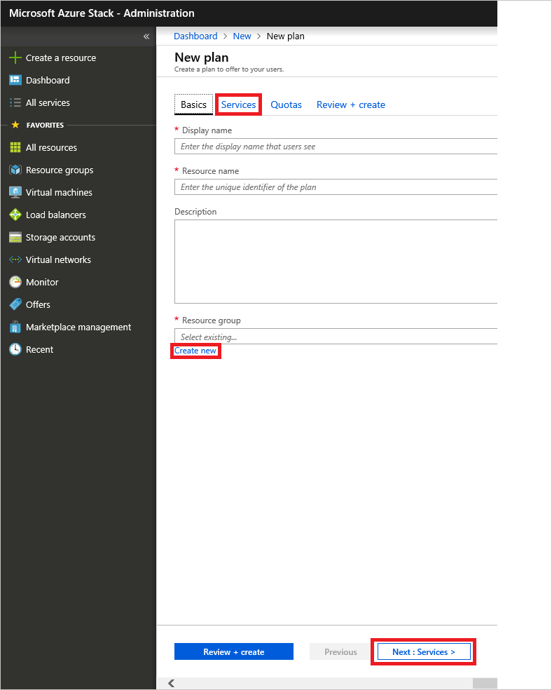 Zrzut ekranu przedstawiający sposób określania grupy zasobów dla nowego planu w usłudze Azure Stack Hub.