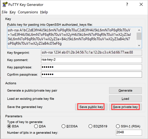 Generator kluczy PuTTY z wypełnionym polem klucza