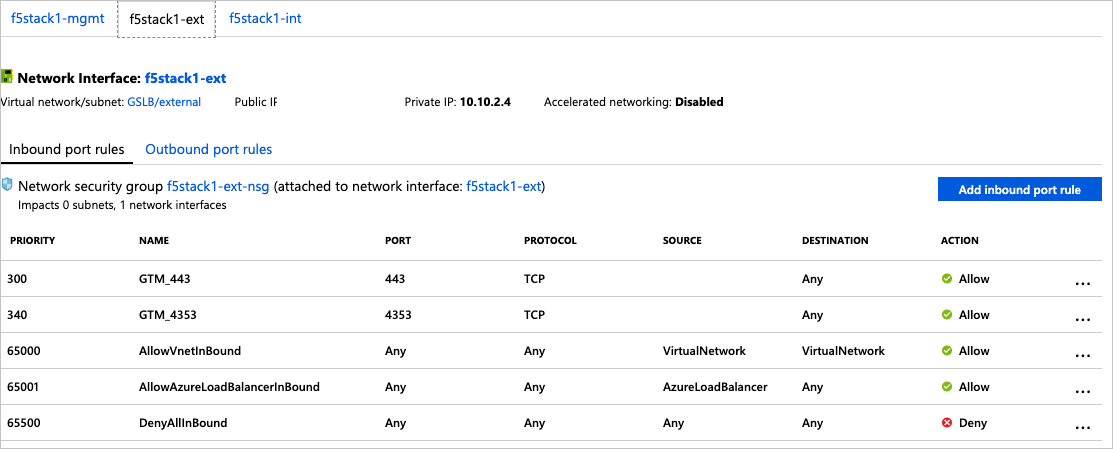 Strona fStack1-ext okna dialogowego Interfejs sieciowy zawiera informacje o interfejsie fstack1-ext oraz o sieciowej grupie zabezpieczeń, fstack1-ext-nsg. Istnieją karty umożliwiające wybranie reguł portów wejściowych lub reguł portów wychodzących.