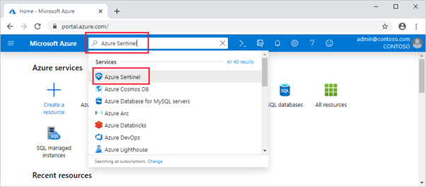 Zrzut ekranu przedstawiający usługę Azure Sentinel wprowadzoną w polu wyszukiwania i wyświetloną opcję usługi Azure Sentinel.