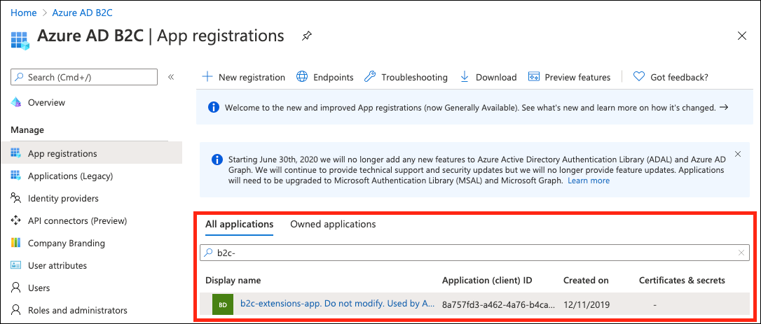 Zrzut ekranu przedstawiający nazwę wyświetlaną, identyfikator aplikacji i datę utworzenia w obszarze Rejestracje aplikacji.